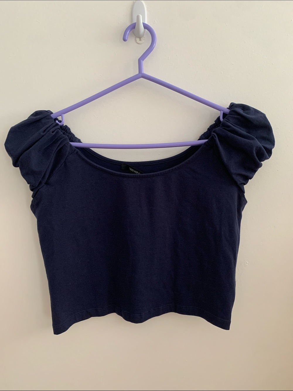 [L] F21 Dark Navy Puff Sleeve Crop Top